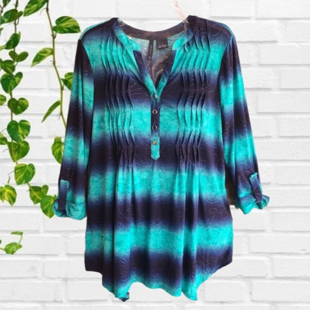 ND New Directions Womens Top Blouse Popover 3/4 Sleeves Blue Ombre Size S